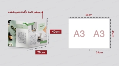 قالب طراحی و سایز واقعی و باز شده بروشور 2 لت تحریر سایز A3